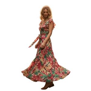 Bar III Floral Maxi Wrap Dress Size XL Flutter Sleeves Tiered Boho Spring NWT